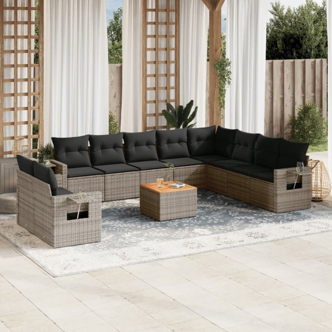 11-tlg. Garten-Sofagarnitur mit Kissen Schwarz Poly Rattan
