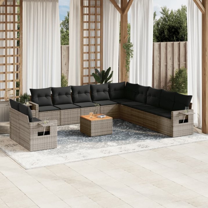 12-tlg. Garten-Sofagarnitur mit Kissen Schwarz Poly Rattan