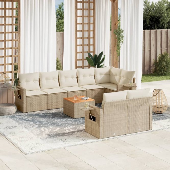 9-tlg. Garten-Sofagarnitur mit Kissen Schwarz Poly Rattan