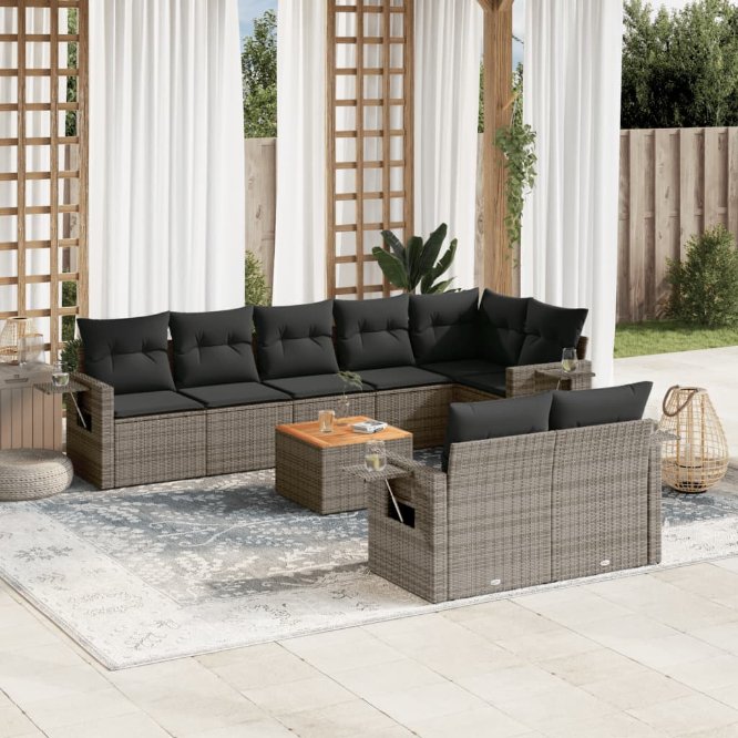9-tlg. Garten-Sofagarnitur mit Kissen Schwarz Poly Rattan
