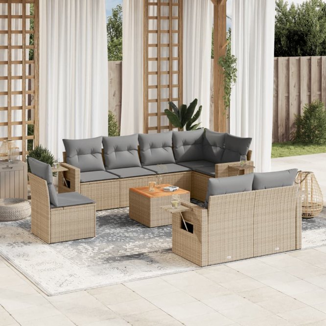 9-tlg. Garten-Sofagarnitur mit Kissen Schwarz Poly Rattan