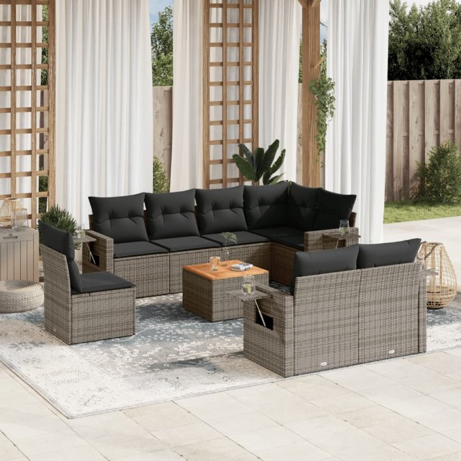9-tlg. Garten-Sofagarnitur mit Kissen Schwarz Poly Rattan