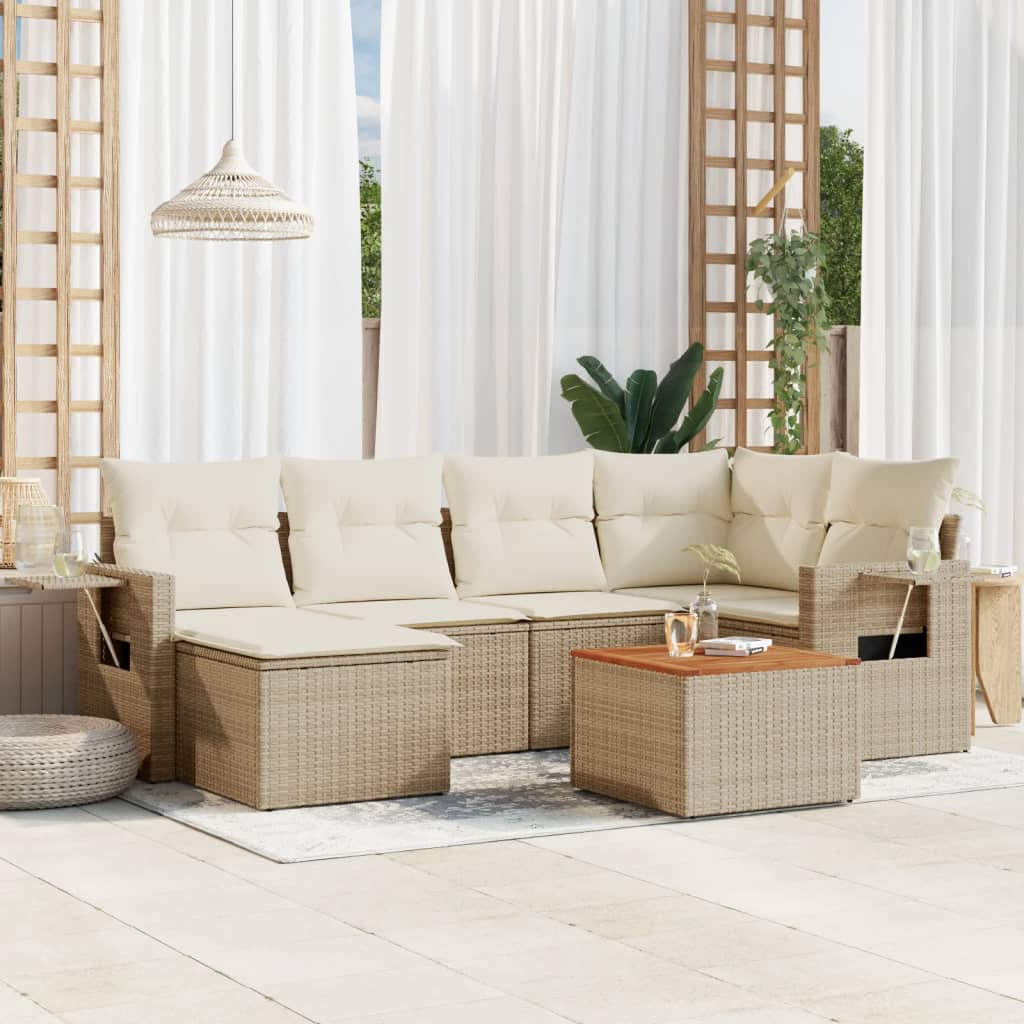 7-tlg. Garten-Sofagarnitur mit Kissen Schwarz Poly Rattan