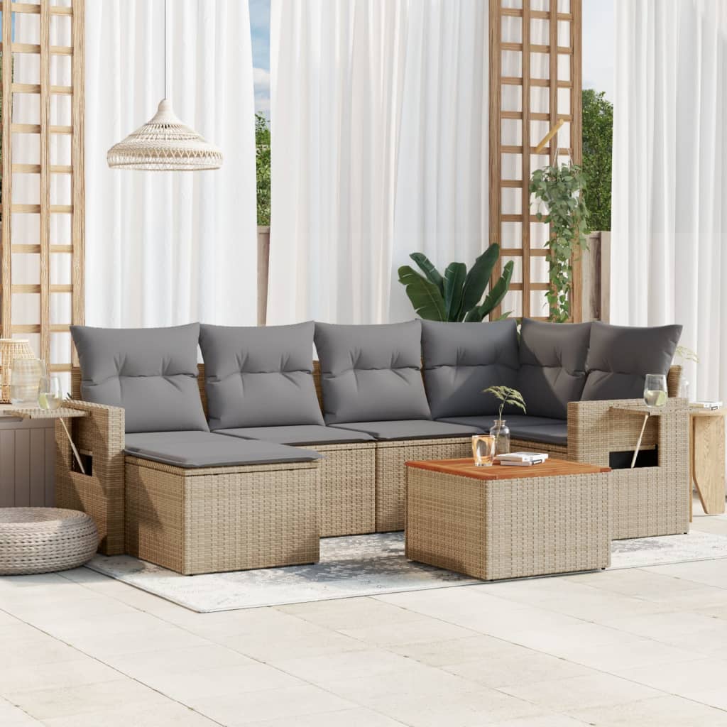 7-tlg. Garten-Sofagarnitur mit Kissen Schwarz Poly Rattan
