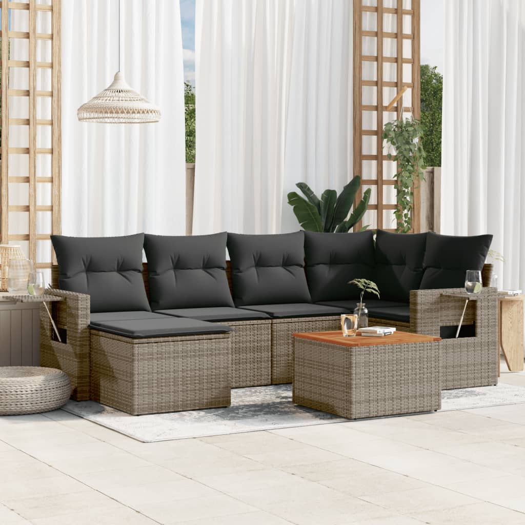 7-tlg. Garten-Sofagarnitur mit Kissen Schwarz Poly Rattan