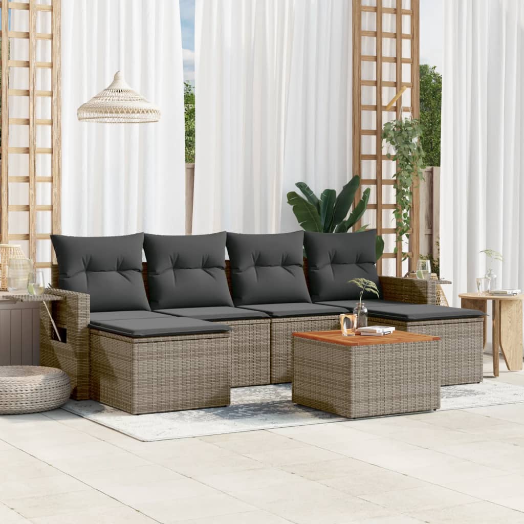 7-tlg. Garten-Sofagarnitur mit Kissen Schwarz Poly Rattan