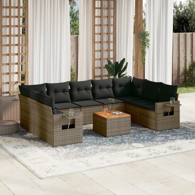 vidaXL 10-tlg. Garten-Sofagarnitur mit Kissen Schwarz Poly Rattan