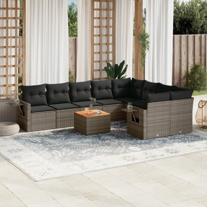 vidaXL 10-tlg. Garten-Sofagarnitur mit Kissen Schwarz Poly Rattan