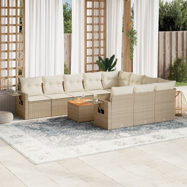 11-tlg. Garten-Sofagarnitur mit Kissen Schwarz Poly Rattan