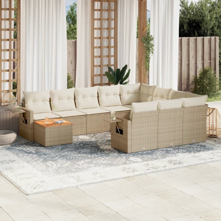 11-tlg. Garten-Sofagarnitur mit Kissen Schwarz Poly Rattan