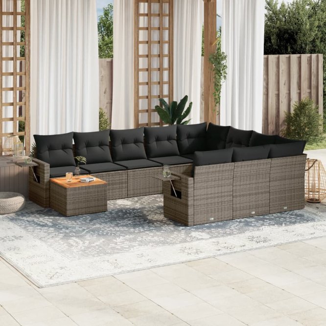 11-tlg. Garten-Sofagarnitur mit Kissen Schwarz Poly Rattan