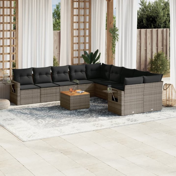 11-tlg. Garten-Sofagarnitur mit Kissen Schwarz Poly Rattan