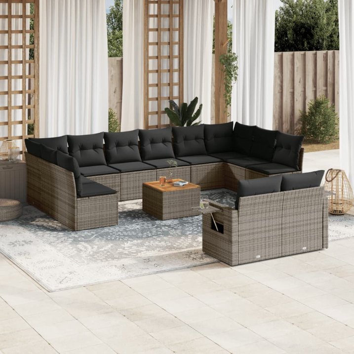 13-tlg. Garten-Sofagarnitur mit Kissen Schwarz Poly Rattan