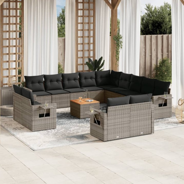 14-tlg. Garten-Sofagarnitur mit Kissen Schwarz Poly Rattan