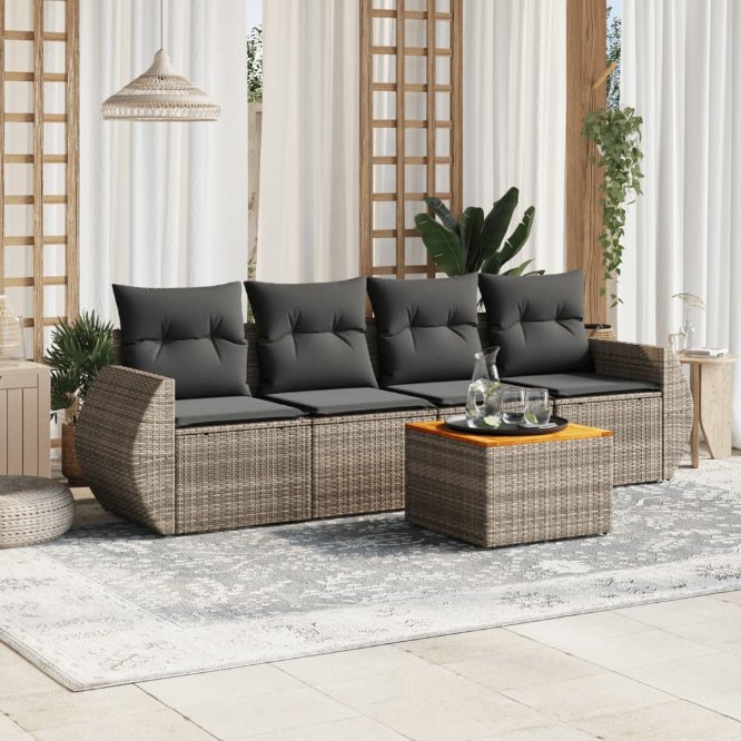 5-tlg. Garten-Sofagarnitur mit Kissen Schwarz Poly Rattan
