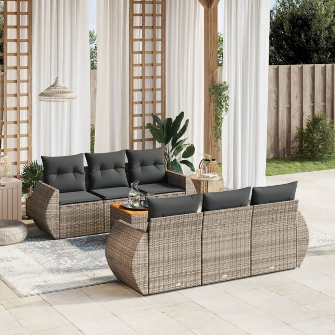 7-tlg. Garten-Sofagarnitur mit Kissen Schwarz Poly Rattan
