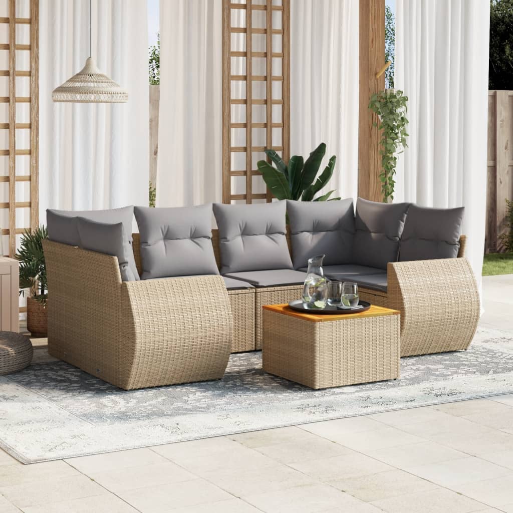 7-tlg. Garten-Sofagarnitur mit Kissen Schwarz Poly Rattan