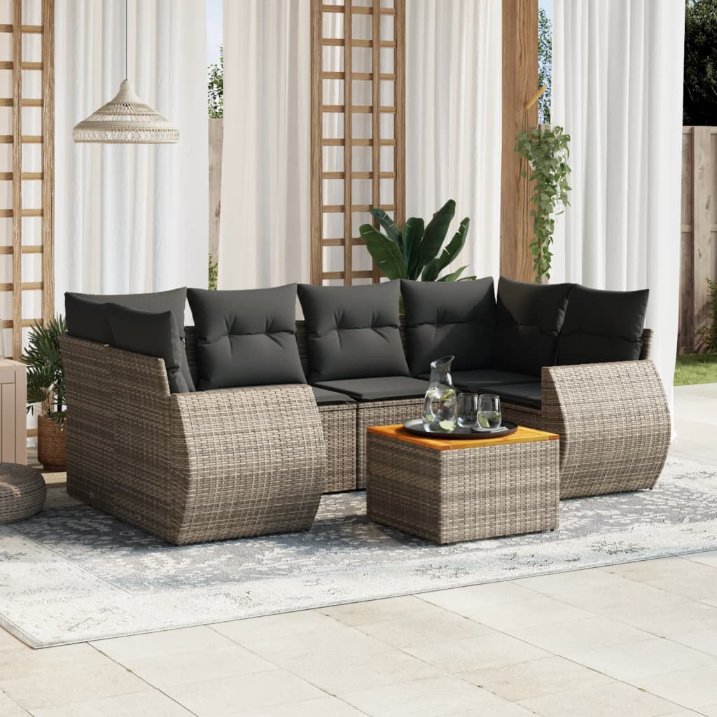 7-tlg. Garten-Sofagarnitur mit Kissen Schwarz Poly Rattan