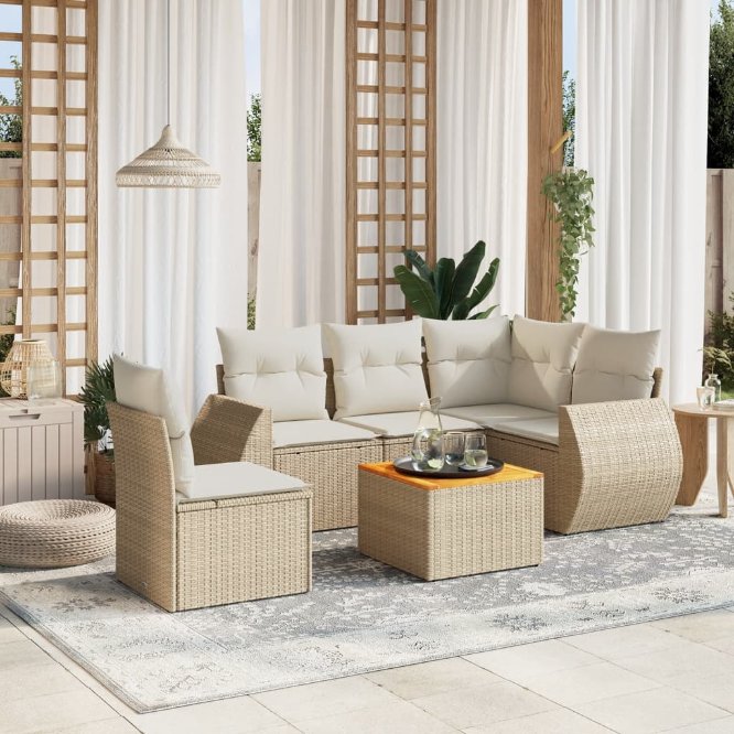 6-tlg. Garten-Sofagarnitur mit Kissen Schwarz Poly Rattan