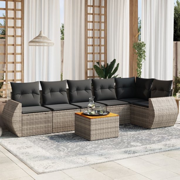 7-tlg. Garten-Sofagarnitur mit Kissen Schwarz Poly Rattan
