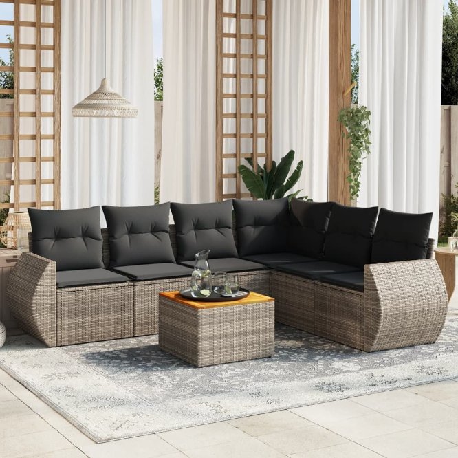 7-tlg. Garten-Sofagarnitur mit Kissen Schwarz Poly Rattan