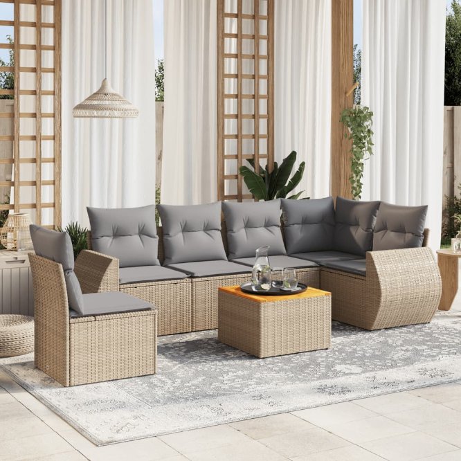 7-tlg. Garten-Sofagarnitur mit Kissen Schwarz Poly Rattan