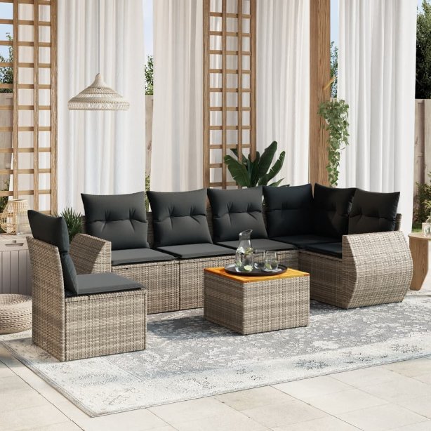 7-tlg. Garten-Sofagarnitur mit Kissen Schwarz Poly Rattan