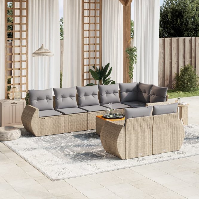 9-tlg. Garten-Sofagarnitur mit Kissen Schwarz Poly Rattan