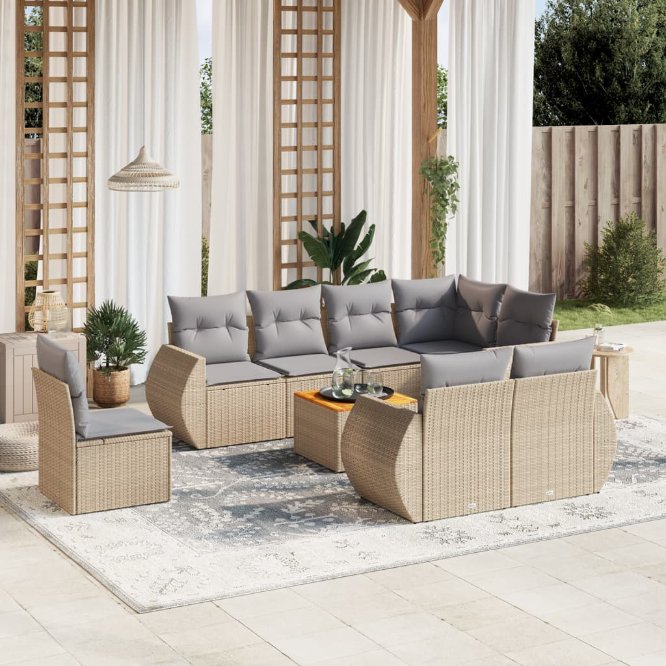 9-tlg. Garten-Sofagarnitur mit Kissen Schwarz Poly Rattan