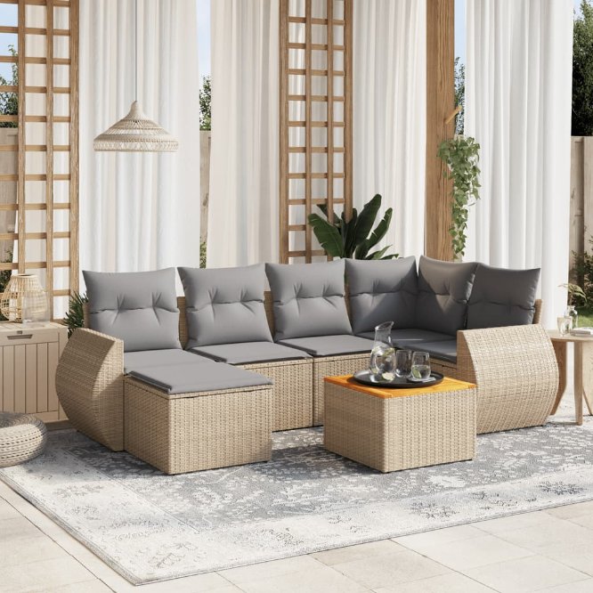 7-tlg. Garten-Sofagarnitur mit Kissen Schwarz Poly Rattan