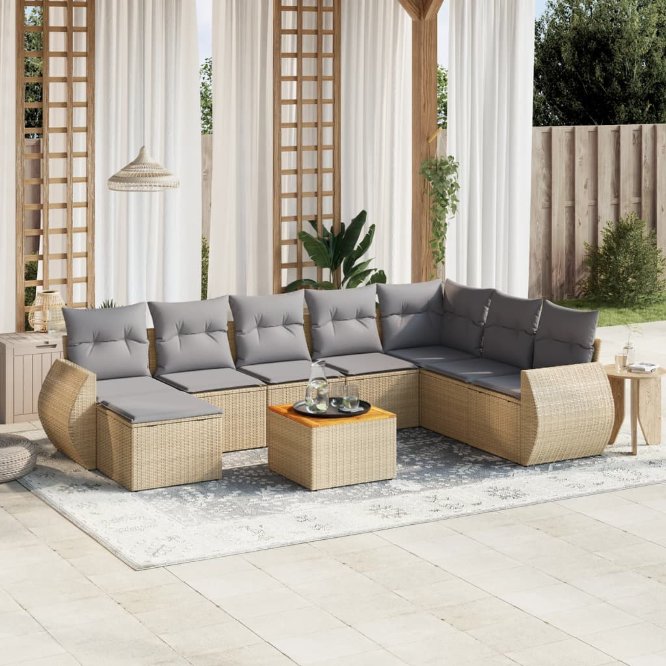 9-tlg. Garten-Sofagarnitur mit Kissen Schwarz Poly Rattan