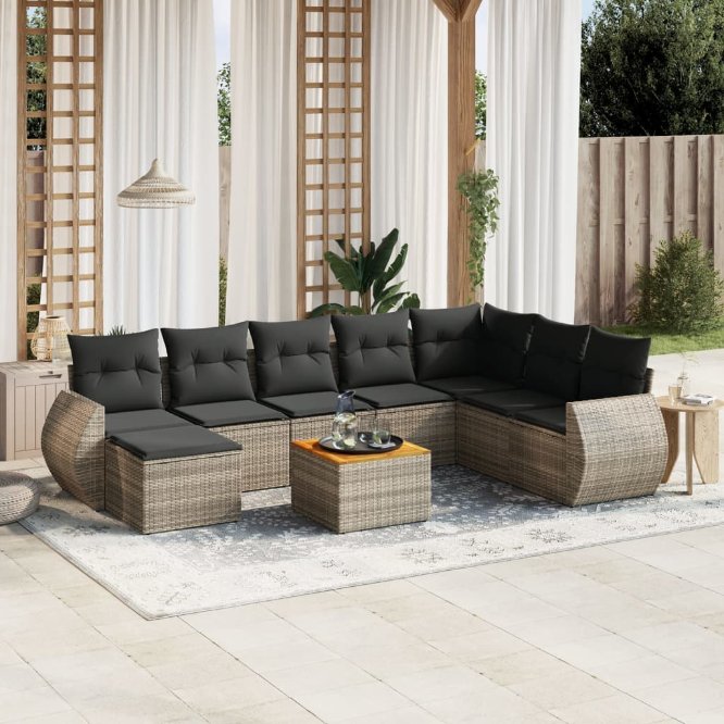 9-tlg. Garten-Sofagarnitur mit Kissen Schwarz Poly Rattan