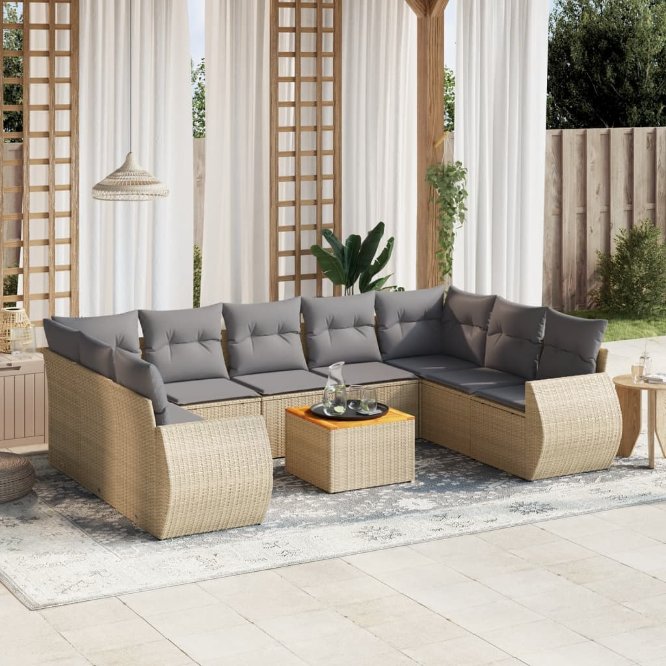 vidaXL 10-tlg. Garten-Sofagarnitur mit Kissen Schwarz Poly Rattan