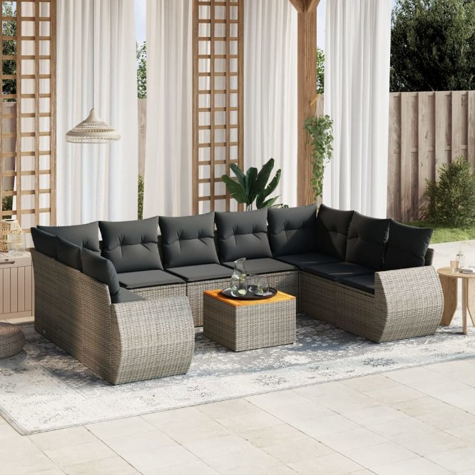 vidaXL 10-tlg. Garten-Sofagarnitur mit Kissen Schwarz Poly Rattan