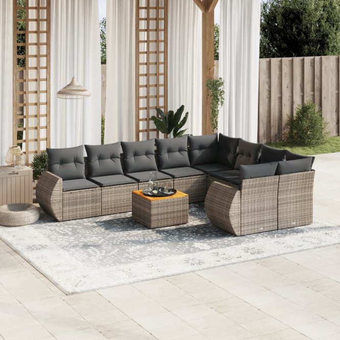 vidaXL 10-tlg. Garten-Sofagarnitur mit Kissen Schwarz Poly Rattan