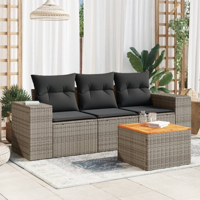 4-tlg. Garten-Sofagarnitur mit Kissen Schwarz Poly Rattan