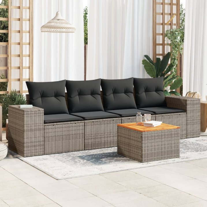 5-tlg. Garten-Sofagarnitur mit Kissen Schwarz Poly Rattan