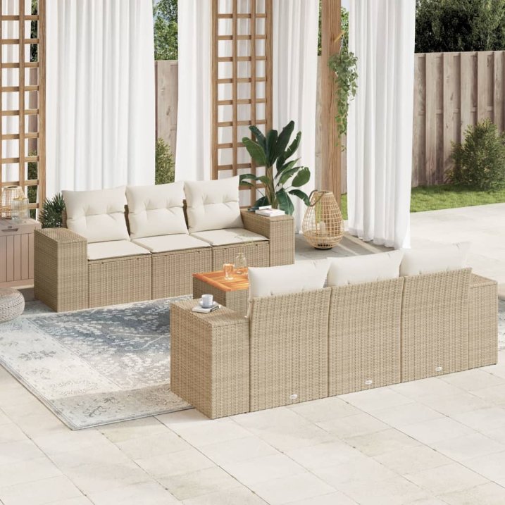 7-tlg. Garten-Sofagarnitur mit Kissen Schwarz Poly Rattan