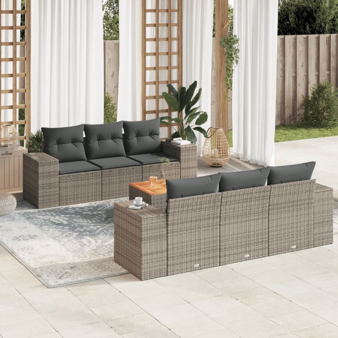 7-tlg. Garten-Sofagarnitur mit Kissen Schwarz Poly Rattan