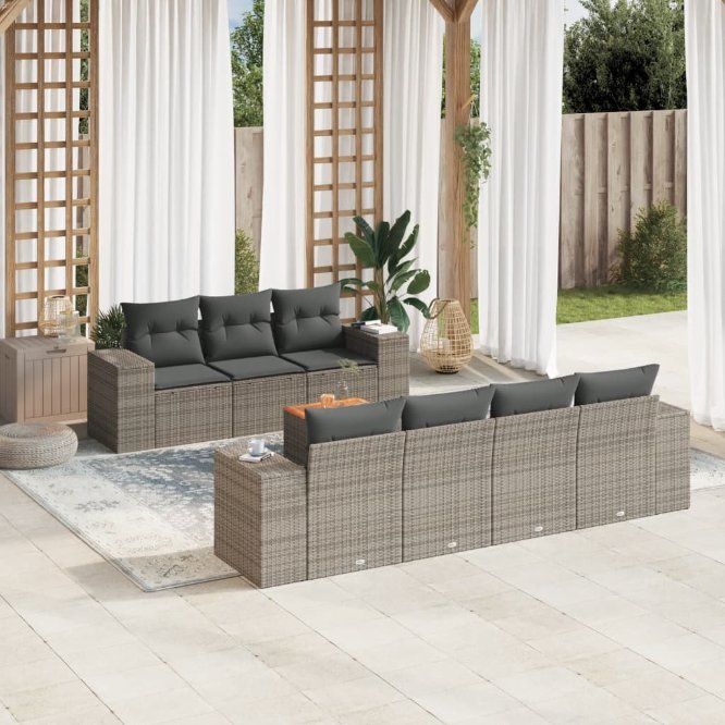 8-tlg. Garten-Sofagarnitur mit Kissen Schwarz Poly Rattan
