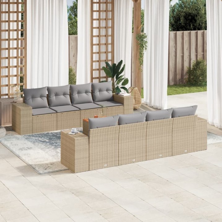 9-tlg. Garten-Sofagarnitur mit Kissen Schwarz Poly Rattan