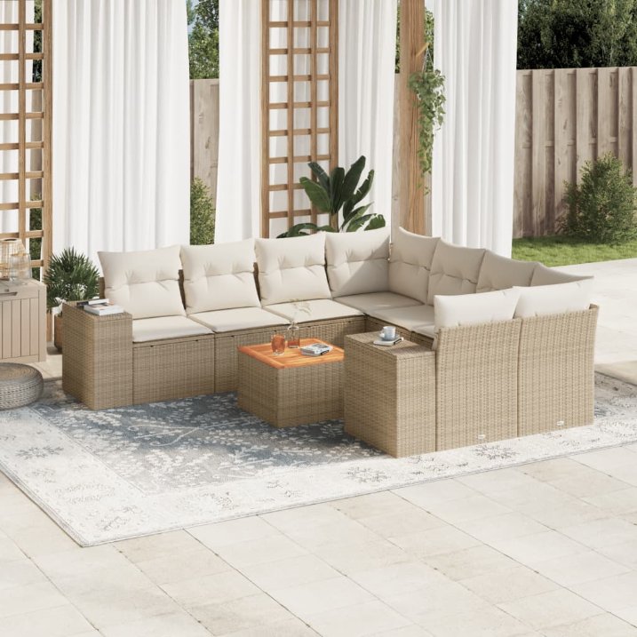 9-tlg. Garten-Sofagarnitur mit Kissen Schwarz Poly Rattan