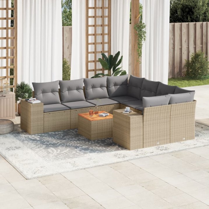 9-tlg. Garten-Sofagarnitur mit Kissen Schwarz Poly Rattan