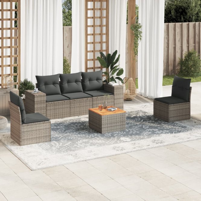 6-tlg. Garten-Sofagarnitur mit Kissen Schwarz Poly Rattan