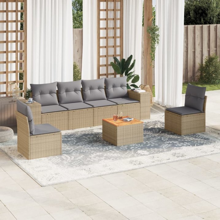 7-tlg. Garten-Sofagarnitur mit Kissen Schwarz Poly Rattan