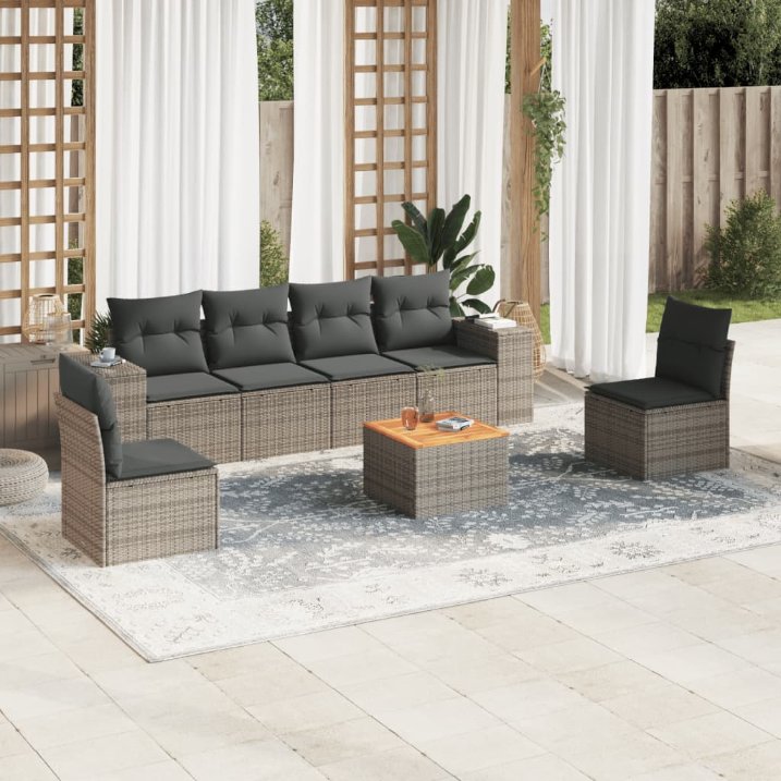 7-tlg. Garten-Sofagarnitur mit Kissen Schwarz Poly Rattan