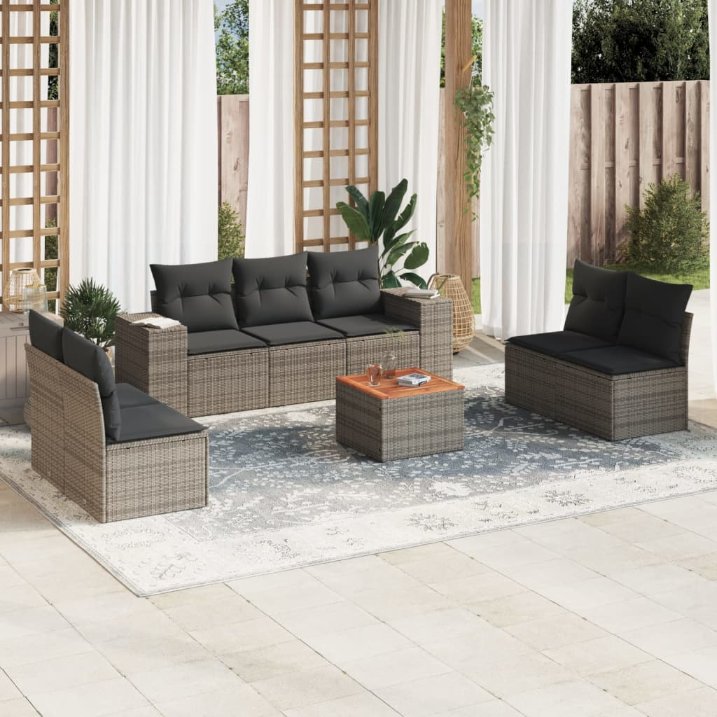 8-tlg. Garten-Sofagarnitur mit Kissen Schwarz Poly Rattan