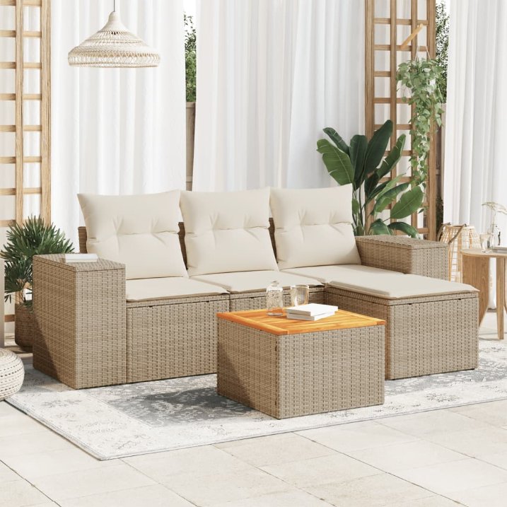 5-tlg. Garten-Sofagarnitur mit Kissen Schwarz Poly Rattan