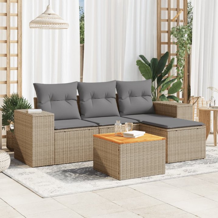 5-tlg. Garten-Sofagarnitur mit Kissen Schwarz Poly Rattan