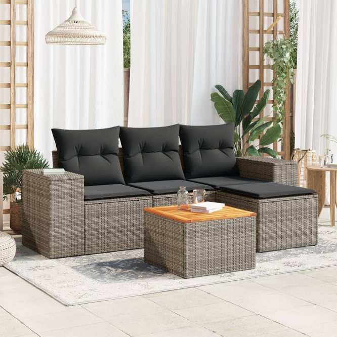 5-tlg. Garten-Sofagarnitur mit Kissen Schwarz Poly Rattan